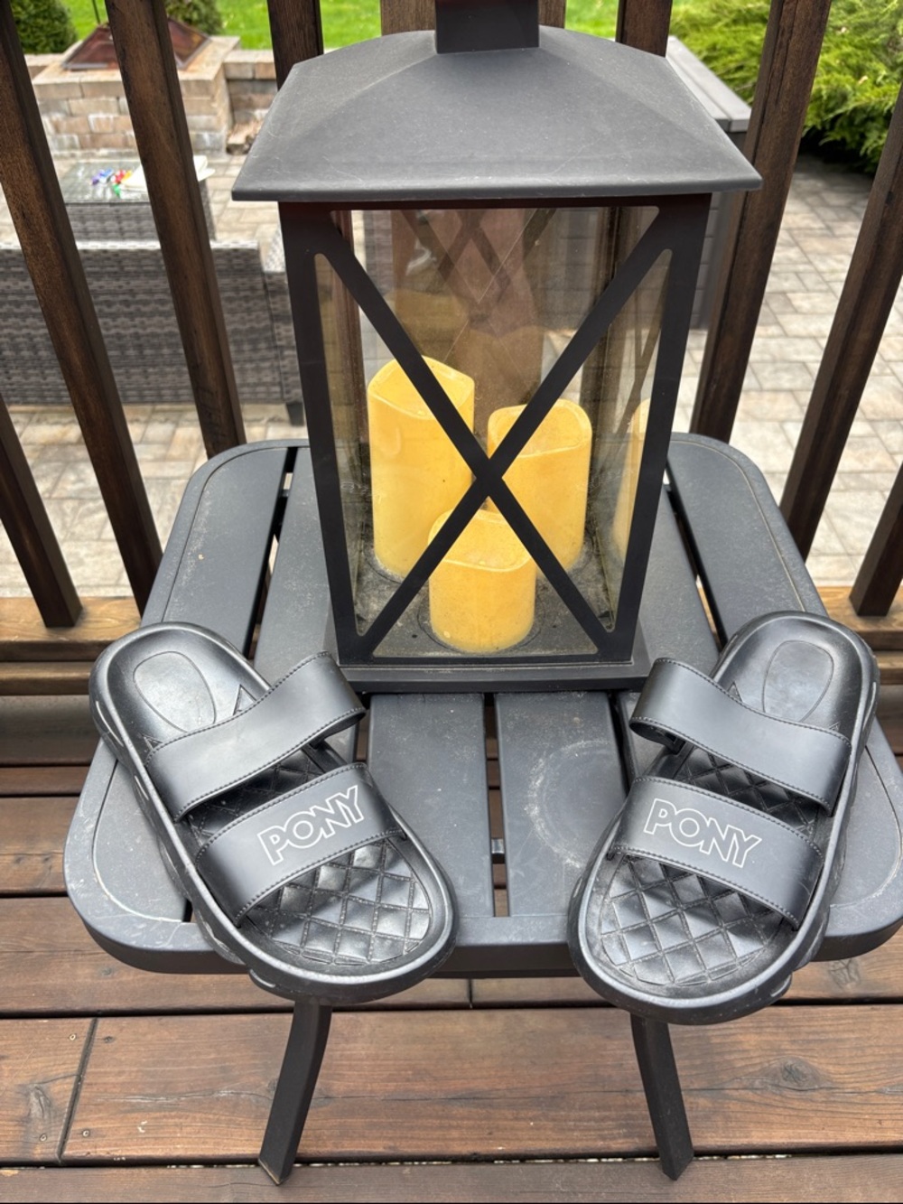 Pony Black Quilted Strap Slide Sandals